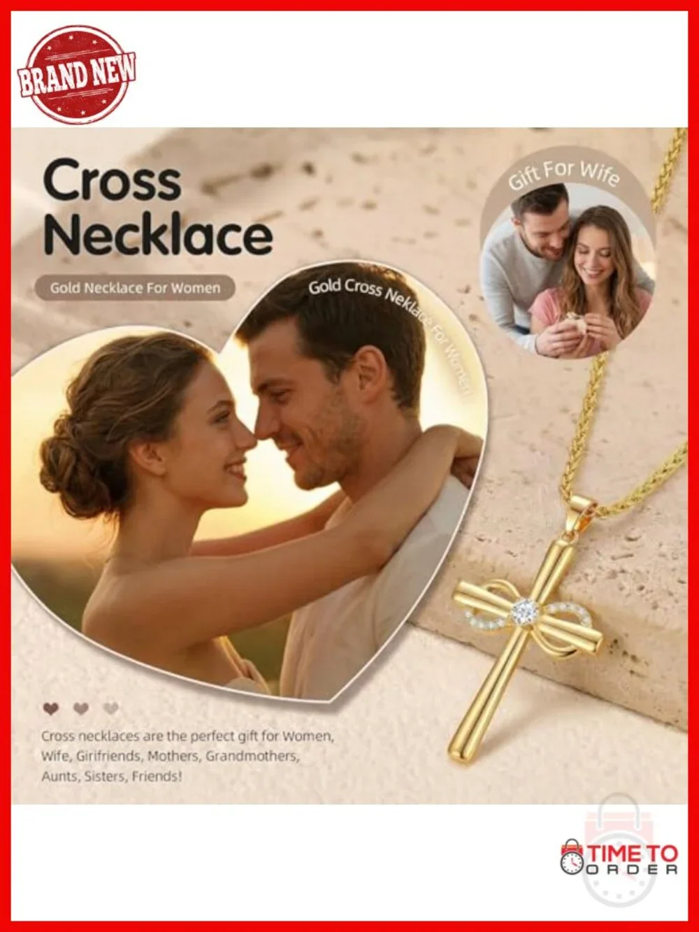 Moissanite Cross Pendant Necklace in Light-Up Gift Box with Wife Card 18K Gold